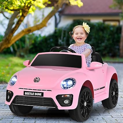 Kids Electric Ride on Car, 12V Battery Powered Licensed Volkswagen Beetle Vehicle with Remote Control, Lights, Music, USB, FM, Bluetooth and Slow Start, Children Toy Car for Boys Girls (Pink)